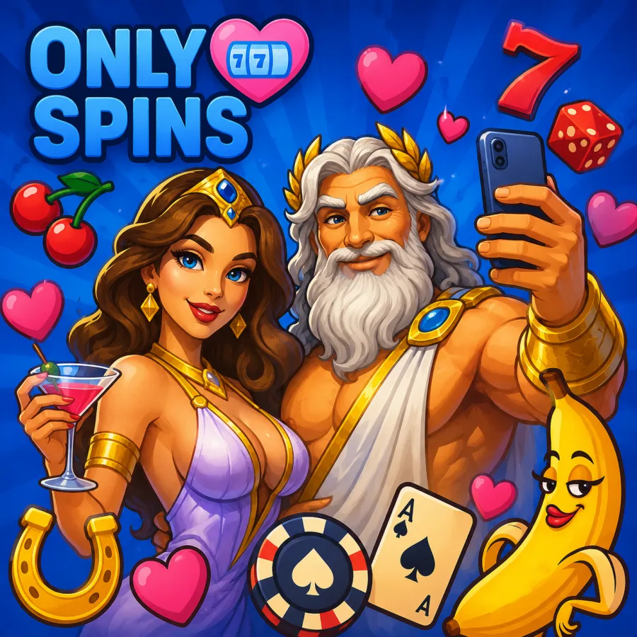 OnlySpins Casino — maskotki marki na tle królewskiego błękitu
